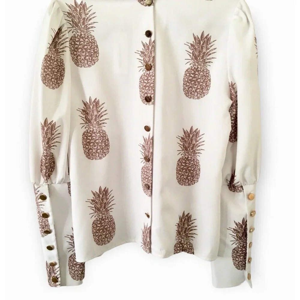 NWT CBR Chic Boutique Rose Pineapple Print BOHO Classic Couture Blouse Top - Picture 10 of 13